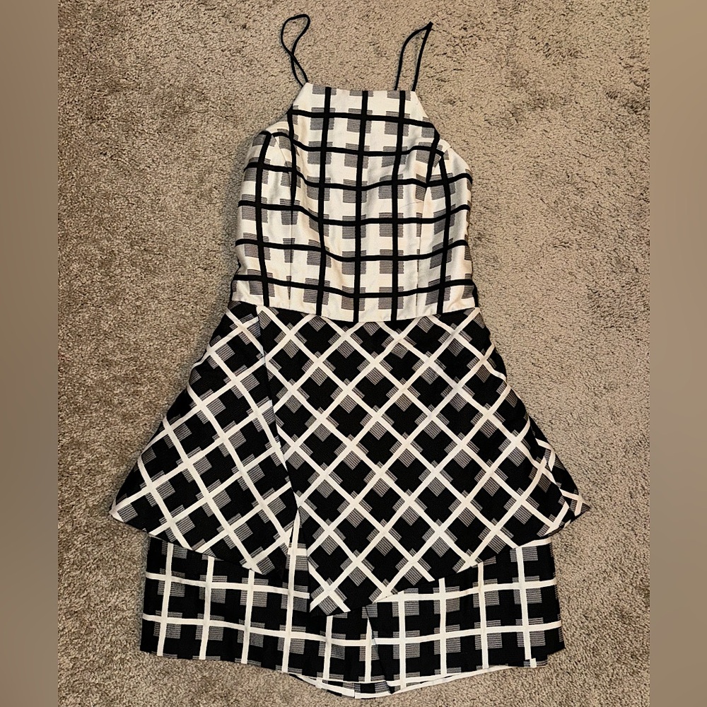NBD Mini Dress Black White Plaid Sleeveless Lace-Up Adjustable Tiered Cocktail